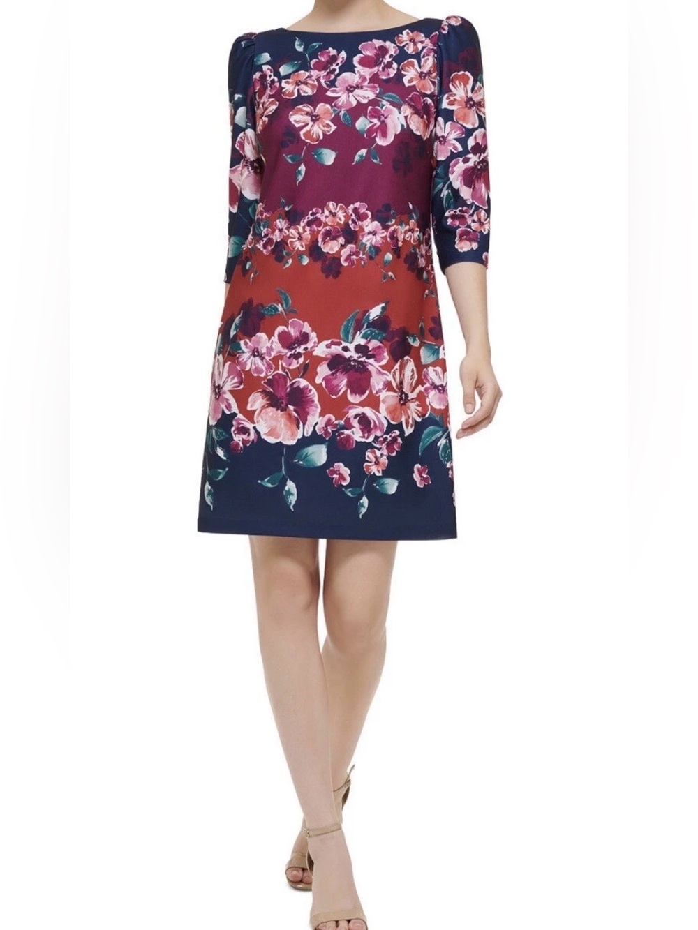 Jessica Howard Petite Floral-Print 3/4-Sleeve Shift Dress - Navy Multi, 10P, $99